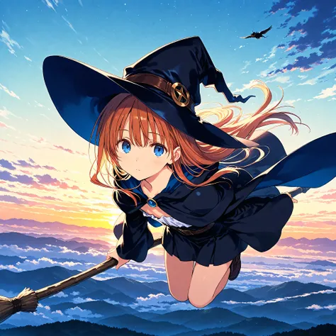 (masterpiece), (best quality), (ultra-detailed),artist:mitsumi_misato, 1girl, witch, expressionless, sky, flying
