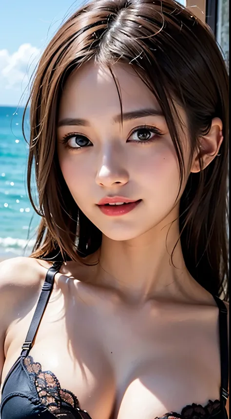 1girl, Extremely cute, Amazing face and eyes, (Beautiful lovely smile), (extremely detailed beautiful face), bright and shiny lips, (cute bikini:1.3), (very elaborate lace bra:1.5), smooth skin, super beautiful, attractive, (Best Quality:1.4), (hyper quali...