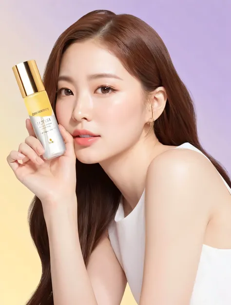 Close-up of a woman holding a bottle of liquid, Li Zhien, Lee Ji-eun, Bae Suzy, from me, Pintang, Gongbi, Korean popular makeup, Skincare brand photo, Popular Korean cosmetics, Glossy and soft skin, Shin Jung-ho, Huang Shi-wen, Shin Jinyoung, milky white s...