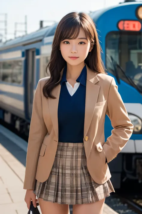  beautiful young Japanese schoolgirl standing at the local train station , beautiful face and eyes ,((( camel brown blazer ))),(( white blouse)),(( brown and blue plaid skirt )), navy socks, detailed face and eyes ,  A book with detailed uniforms , beautif...