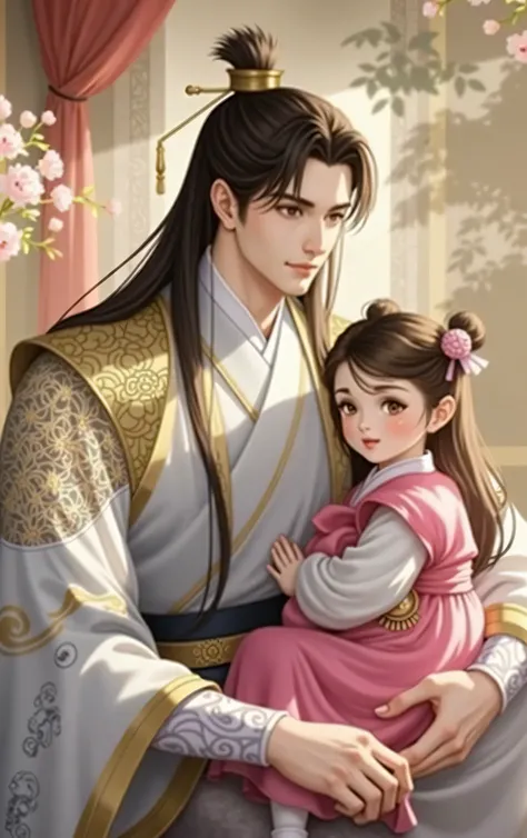 One dressed in Hanfu、坚定而严肃的帅气男士怀抱One dressed in Hanfu、 wearing two buns 、Adorable crying  。 masterpiece。 3:4 Picture size 