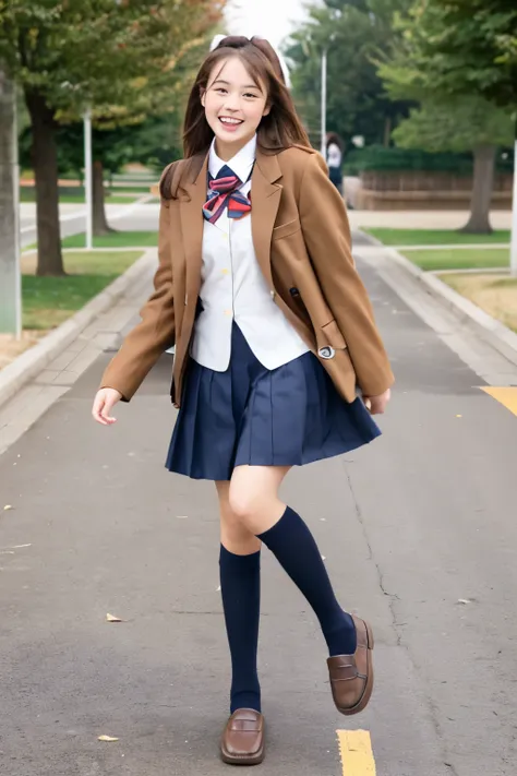  high school girl、Brown hair short、uniform、 high socks、 loafers、On campus、 jump