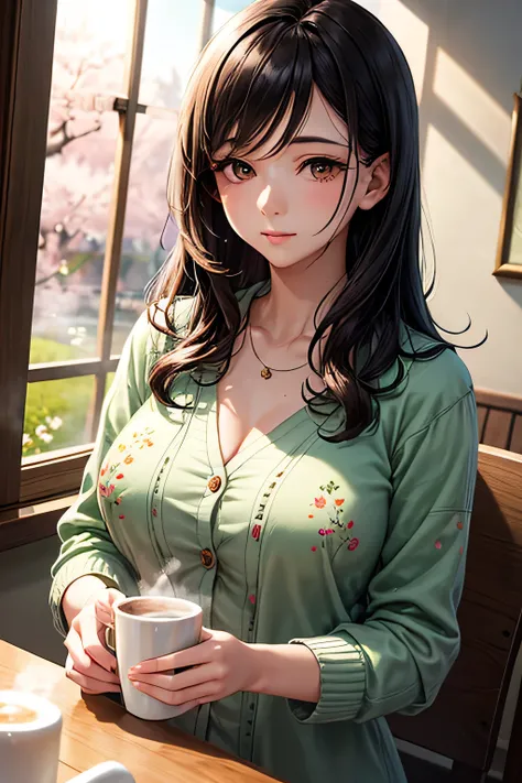 A graceful young lady with long, straight black hair and a calm, traditional aura,(tits),(brown eyes), She wears a pastel green dress with delicate floral embroidery and a light cardigan. The warm glow of the café's soft lighting highlights her gentle expr...