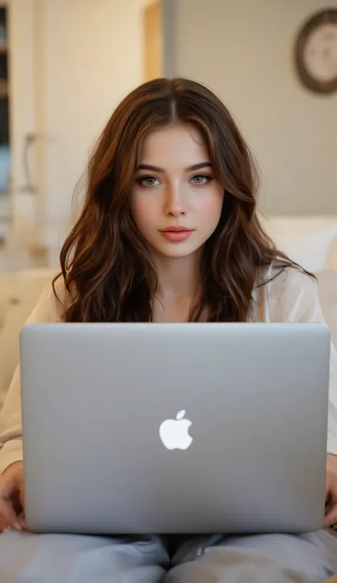 girl, laptop, tinder, dating, love, romantic, modern, technology, online dating, swipe right, match, profile picture, high quality, detailed, colorful, bright, warm lighting, cozy atmosphere, casual outfit, relaxed pose, smiling, eyes on screen, blurred ba...