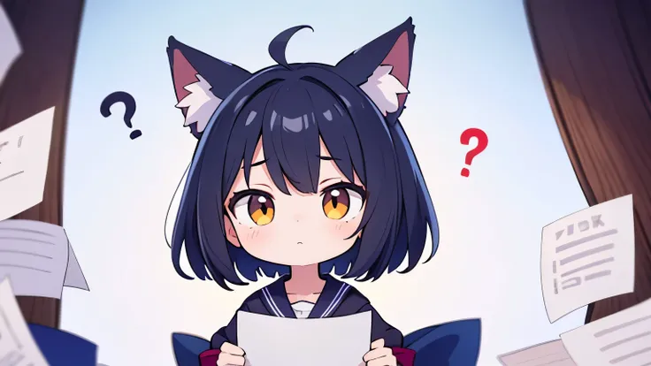 Masterpiece, high resolution, anime-style.
A chibi anime girl with cat ears and black hair stands at the bottom center, arms crossed, looking deeply thoughtful.

She holds a white paper in her left hand and a blue paper in her right hand, hesitating betwee...