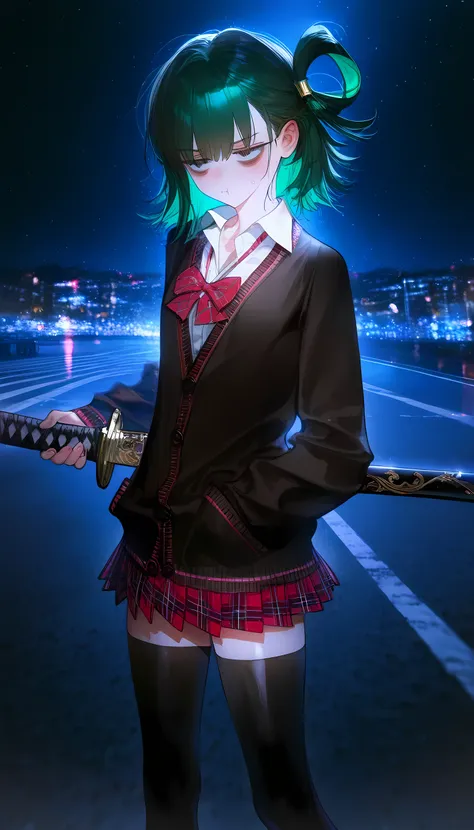 1girl, au (d elete), rella, liduke, pigeon666, reoen, dark blue theme, night, depth of field, cinematic, motion blur, masterpiece, best quality, good quality, newest, medium hair, (green hair), ( single hair ring), bags under eyes ,jitome ,half closed eyes...