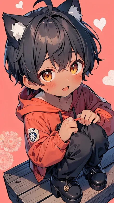 ((A boy:1.3)),((handsome:1.3)),((black hair:1.25)),((short hair:1.25)),((brown eyes)),((ahoge:1.25)),(front view:1.0),(cat ears hoodie:1.1),((long sleeve frill-lace shirt:1.1)),((short breeches:1.1)),(tilt one's head:1.0),(Has a yellow heart-shaped present...