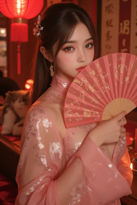 Cat ears、 face up, attractive, pretty girl, ponytail、 (( fine facial features , eroticism)), dramatic lighting , realistic , 8k, Dramatic Shadows , intricate and elaborate patterns , super detailed photo , chiaroscuro lighting , Pleasant colors , deep cont...