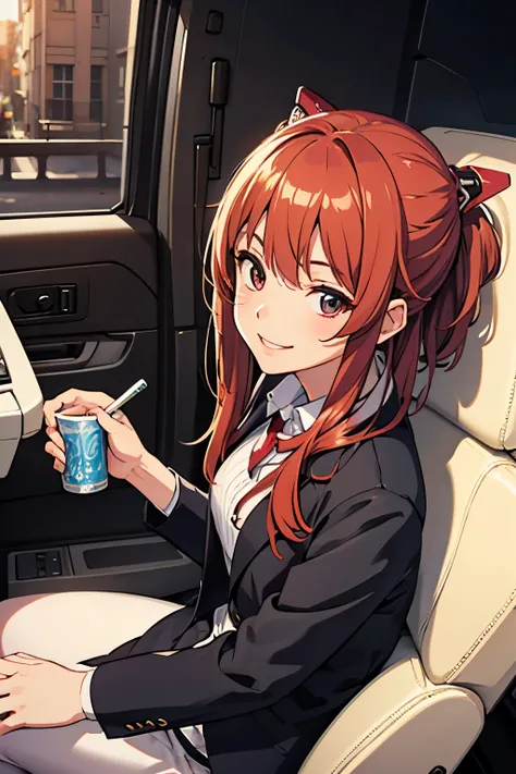 (( masterpiece)), (  top quality),  Official Art ,  very detailedCG ,  Unity 8k Wallpaper ,  very detailed,  in the seat, Asuka, Sober Fashion, smiley smile ,