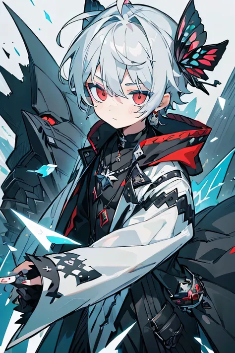 ((((cute) young boy))), dark-gray white hair, dark-gray (red) eyes, black iris, ((decorated with jagged sharkish complicated accesories)), white black coat decorated with metal butterfly, modern, background with cyan gray crystals, simple


