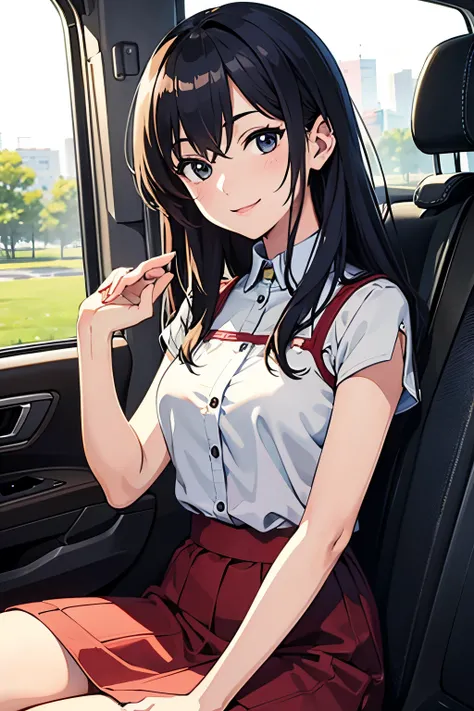 (( masterpiece)), (  top quality),  Official Art ,  very detailedCG ,  Unity 8k Wallpaper ,  very detailed,  in the seat, Asuka, Sober Fashion, smiley smile ,