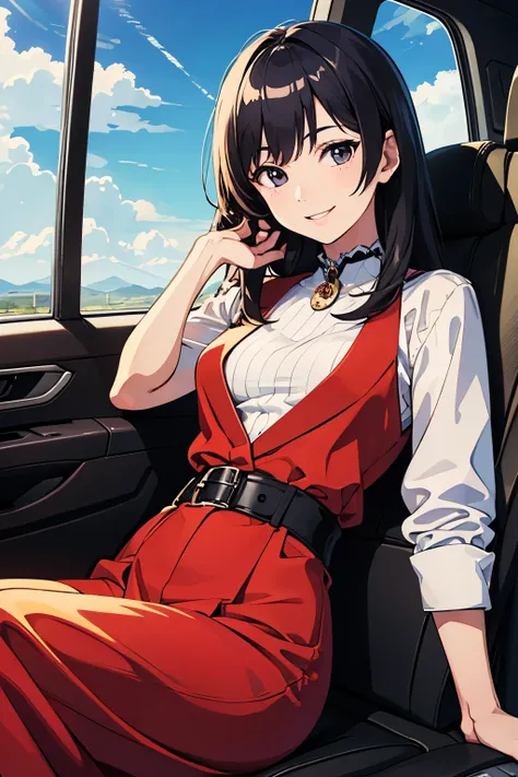 (( masterpiece)), (  top quality),  Official Art ,  very detailedCG ,  Unity 8k Wallpaper ,  very detailed,  in the seat, Asuka, Sober Fashion, smiley smile ,