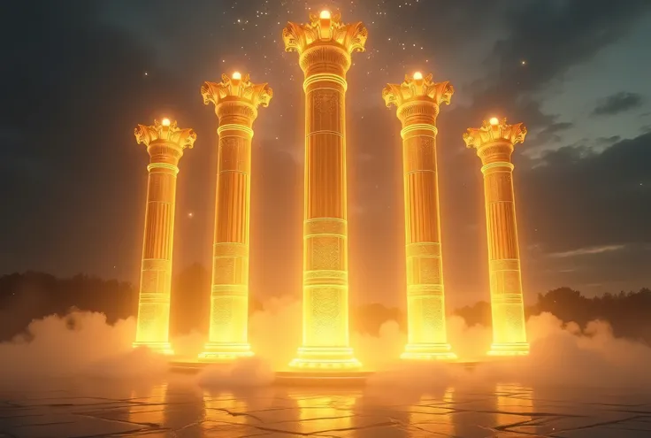 A majestic scene featuring five towering golden-colored pillars, each glowing with an ethereal light, standing in perfect alignment. The pillars have intricate engravings and subtle ornamental patterns, radiating warmth and divine energy. A soft mist swirl...