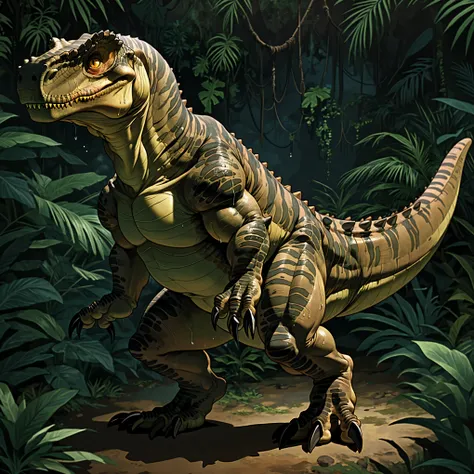  Male Tyrannosaurus 、dinosaur、 very small front leg、brown scales、animal、 wrinkles between eyebrows、 sideways、large back leg 、Sharp toenails、Cretaceous、 Jungle Background、 big golden eyes、Sweat all over the body、Large white fangs、dinosaurの尻尾, side compositi...