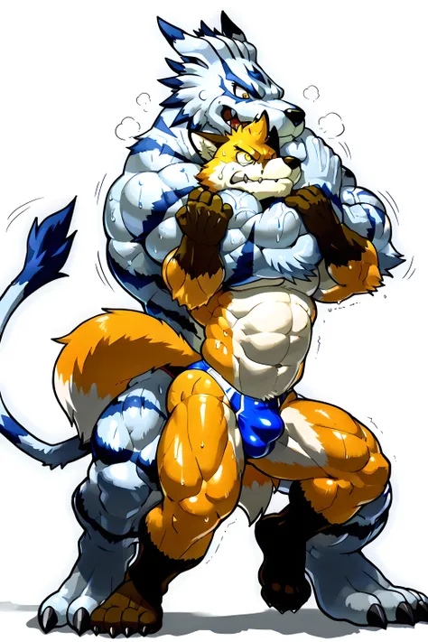 4k ultra quality, 4k, masterpiece quality, garurumon, big and muscular garurumon, wrestling, Rear_Naked_Choke, choke_hold (looking down, sweaty, thick arm, tighten arm, choking neck with arm, behind fox), (arched back, head between arm), (small fox), muscu...