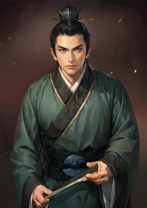 (((Maintain color ))), ((( picture style maintenance ))), (( Koei Three Kingdoms illustration style)), ((Maintain the composition)), Attractive Man , dark background , (( black hair)),