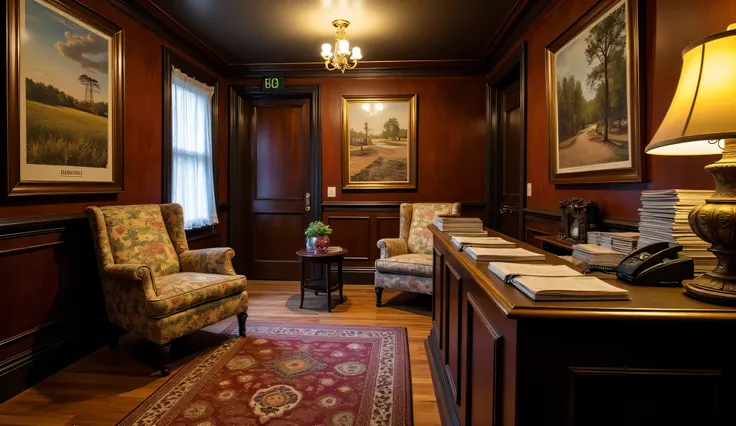  Image request :  The cozy and cramped 80s-style Rose Room reception .  low ceiling , old-fashioned furniture ,  dark wood paneling on the walls with Kansas landscape posters .  Creaking wooden board floor ,  geometric patterned carpet .  Dark wood counter...