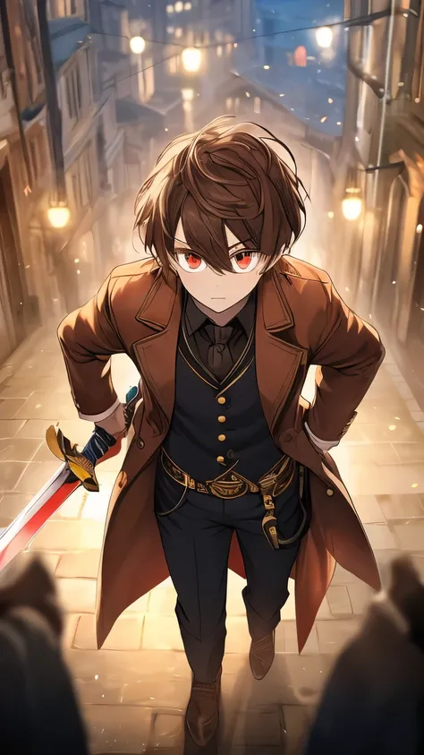 famale　detective　Brown hair　hairstyle shortcut　red eye　Wearing a sword　facing the front　whole body　no background　