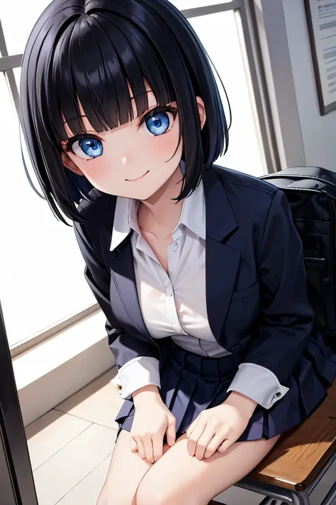 best quality，high resolution， 1girl ，blue eyes，short hair，Black hair，blunt bangs，Smile，School uniform