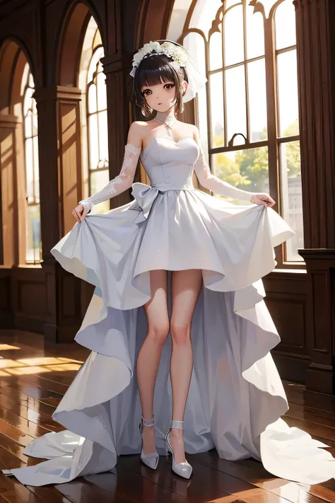  girl,  Eba Aiko dressed in a  ,  White Wedding Dress ,  full body view,  slim,  long legs