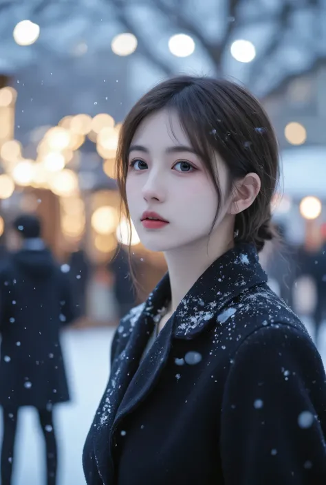 （masterpiece, best quality :1.2), winter,1 woman, [white breath] 、( Fantastic)Winter Festival 、 Snowflakes、❄️、cinematic lighting ,focus on her face,background blur,  fantastic