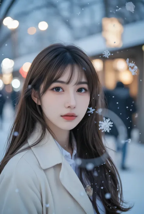 （masterpiece, best quality :1.2), winter,1 woman, [white breath] 、( Fantastic)Winter Festival 、 Snowflakes、❄️、cinematic lighting ,focus on her face,background blur,  fantastic