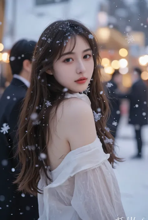 （masterpiece, best quality :1.2), winter,1 woman, [white breath] 、( Fantastic)Winter Festival 、 Snowflakes、❄️、cinematic lighting ,focus on her face,background blur,  fantastic