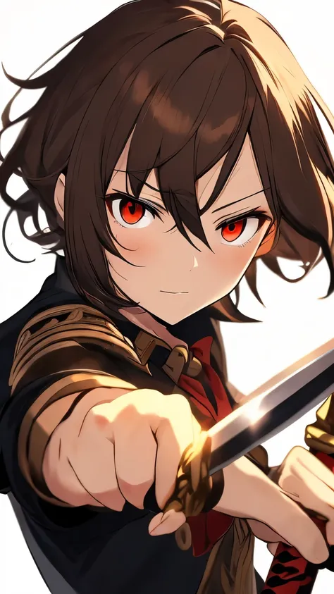 famale　detective　Brown hair　hairstyle shortcut　red eye　Wearing a sword　facing the front　whole body　no background　