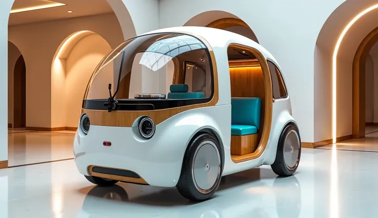 **Prompt for 3D Image Generation:**  

"A highly detailed 3D-rendered image of a futuristic three-wheeled micro-camper with a retro-modern aesthetic. The camper has a sleek, curved body with a white and wood-accented exterior, combining vintage charm with ...