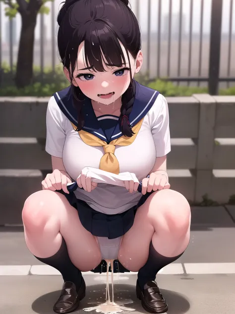 ((round face with orgasm):1.3), (focus on her opened mouth, drooling), drooping eyes, (shame smiling:1.3), blush, windy hair, (a woman is in the shadow and leaving from street, tree, fence), hentai, ((navy sailor suit, pleated skirt, sailor scarf, white-so...