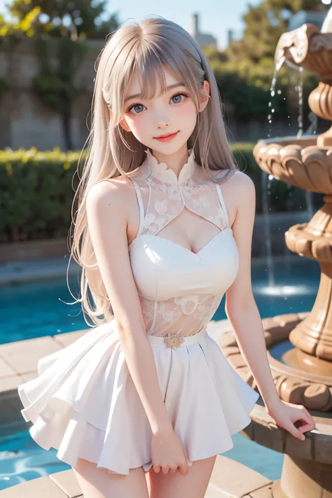 best quality, amazing, Very Cute and Gentle Girl , ( lori), (solo:1.2),, ( detailed princess dress with lots of frills), ゴス lori, Symmetrical Beautiful Gentle Eyes , (Exquisite fine face ), beautiful long hair, ((Bright white hair)), dull bangs, (smil...