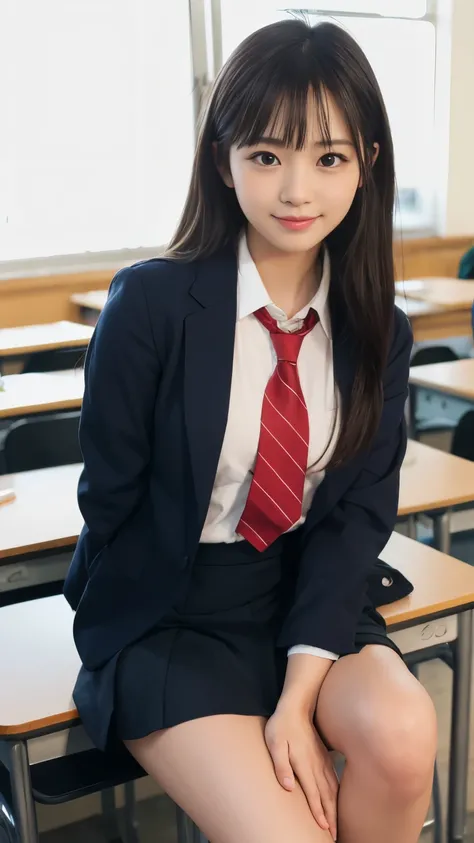   Girl Standing in School Classroom  , red tie uniform , Dark Blue Closed Blazer, blue houndstooth mini skirt,18 years old,bangs, small smile , thighs,Knee,from below， random poses， cute girl， Slender Woman， crouches，