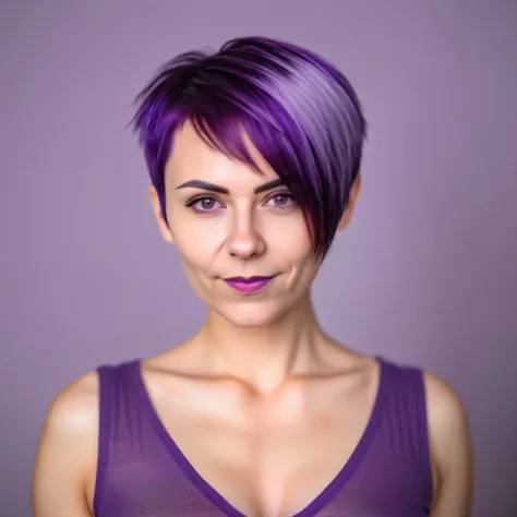 Make me a beautiful european woman 30, Upper body to heart height , She is standing straight with short purple hair, Focus on the V-neck, Bustbei razor-sharp