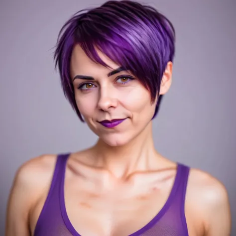 Make me a beautiful european woman 30, Upper body to heart height , She is standing straight with short purple hair, Focus on the V-neck, Bustbei razor-sharp