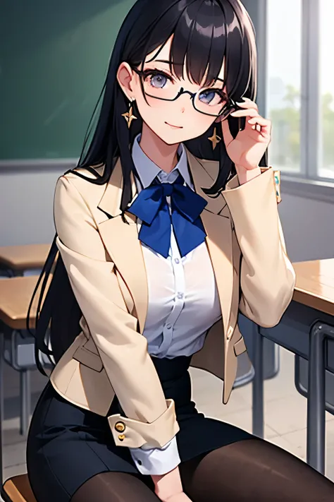  one woman、 black hair、bangs、hair behind the ear、 long hair、gem、 earrings、 Masterpiece、 textured skin、 high detail、 top quality、Wearing a jacket、Dark blue suit、 white blouse、 skirt by humili、classroom、 in class、Glasses