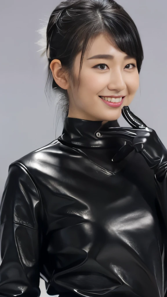 glossy black leather biker jacket, Black leather gloved fingertips on both hands,Wearing black leather gloves,Sitting in a black leather chair、 Japanese female new recruits (Black leather gloves cover both hands) (The angle is horizontal)、Black Leather Pan...