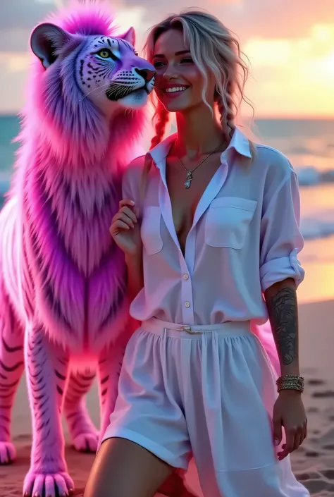 a female on a beach wearing a white buttoned shirt, she is playing with a pink tiger, laughing out loud , photorealistic, surrealism, calm, high quality