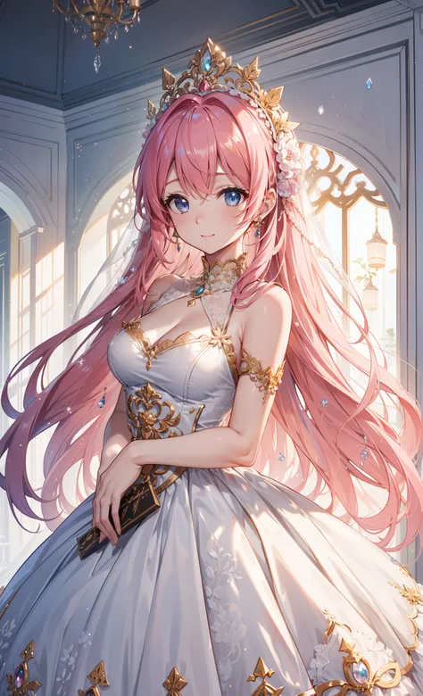 ( Best Quality , high resolution , textured skin , high quality, high detail, extremely detailed CG uniformity), shakes ,obsessed,Divine happiness,in love, Have Fun ,( a heavenly long dress and dress combination), Pink Hair , blue eyes,(Fabric headd...