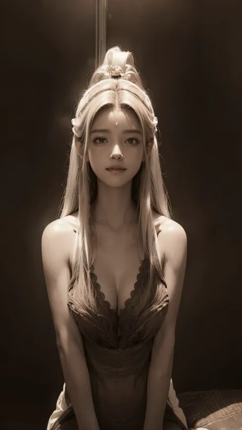   Highest& Masterpiece,Ultra HD 4K, Smile、((Sepia color breast up photo :1.6)),((The white straight is slightly disheveled, no hair ornament, long hair:1.4)),Adult Girl ,open shoulder one piece dress  