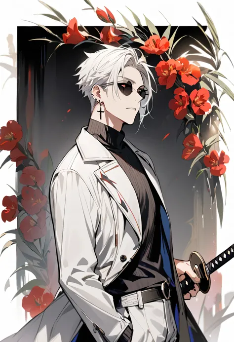 A young adult boy ,  male father, Alone,  long white hair ,  eyes with red irises and black sclera,  black overcoat , black turtleneck shirt,  white pants ,  cross earring on the right ear ,  holding a katana,  round sunglasses.