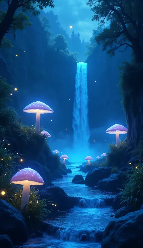 A hidden valley illuminated by glowing blue mushrooms, with a crystal-clear waterfall that reflects the starlit sky. The air is filled with magical fireflies, creating an otherworldly atmosphere.