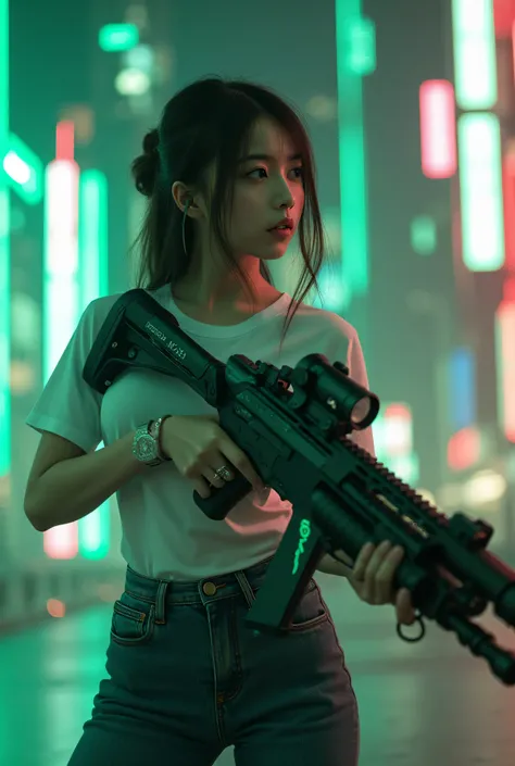 Cute woman wearing thin t-shirt and jeans holding a modern rifle in a futuristic city, pointed bust , Neoism, Nightcore, Red laser, girl , Baby Face, BRIGHT GREEN LASER , Realistic bibs, of a sniper girl in war, aesthetic award winning girl , m4 sopmo...