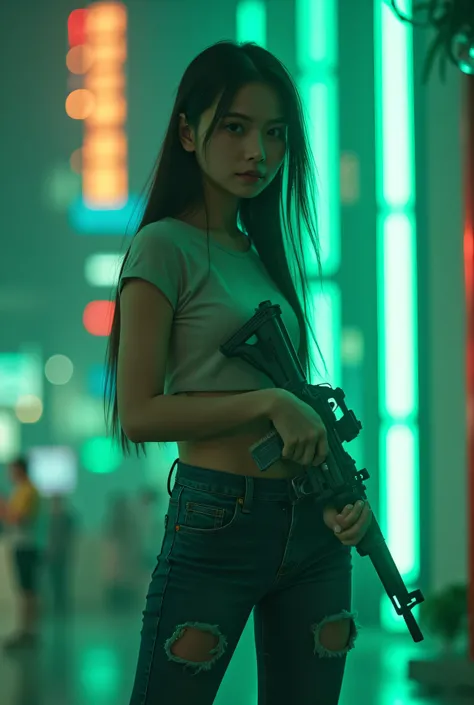 Cute woman wearing thin t-shirt and jeans holding a modern rifle in a futuristic city, pointed bust , Neoism, Nightcore, Red laser, girl , Baby Face, BRIGHT GREEN LASER , Realistic bibs, of a sniper girl in war, aesthetic award winning girl , m4 sopmo...