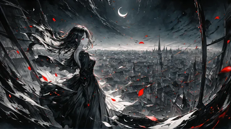 up-and-coming works of art, fusion of watercolor and oil painting, monochrome, no color, best quality, super fine, 16k, incredibly absurdres, extremely detailed, beautiful ephemeral girl stands in the city, wind, wind-effect, moonlit night view, (magnifice...