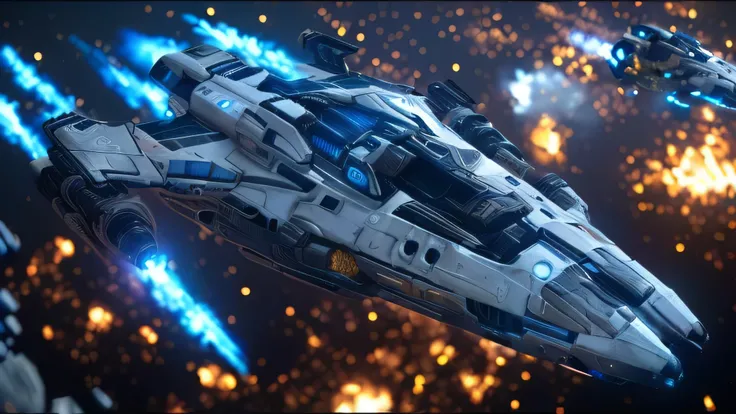 a close up of a spaceship flying through a space filled with stars, star citizen, star citizen digital art, sci - fi spaceship in combat, star citizen origin 100i, elitedangerous 💙💜 ornate ︎, star citizen halo, elite dangerous, 8k render”, detailed crash s...