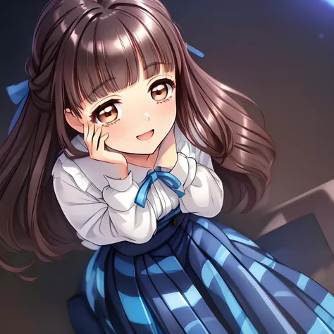 (highest quality, masterpiece:1.2), highest quality, High resolution, 1080p, 8K, (A 18yo beautiful pretty fashion model is seated on a char nobly and turning to me, charming laughter, most beloved girl in the school, (intelligent and perfectly balanced sle...