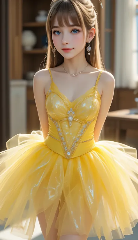 (full body shot:1.5),
(shiny holographic transparent light yellow costume tutu for ballet :1.3),
beautiful tutu skirt ,
(super cute face:1),
very beautiful cute girl,
(thirteen years old:1.2),
fair skin,(happy cheerful smile),professional photograph , (su...