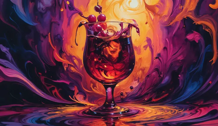 Fine art photograph with painterly treatment showing a translucent wine goblet in dramatic macro perspective, crimson liquid inside reveals a woman's pensive face as if emerging from the depths, with hair transforming into fluid spirals, set against an imp...