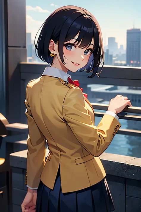  Japanese、 1 girl、 cute、 looking at camera、( short hair:1.2、 bob cut from behind:1.2、 Gold)、 Slim、(( navy blazer、White collared shirt、 navy pleated skirt))、 dark red bow tie with cufflinks 、Earrings、( beautiful landscape)、evening、(City、遠くのCity景観)、 is stand...