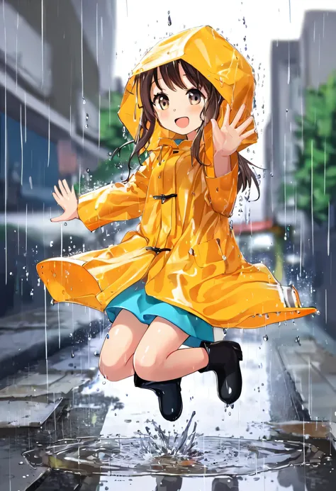 a cute girl wearing a rain coat and boots in the rain, jumping in a puddle, splash